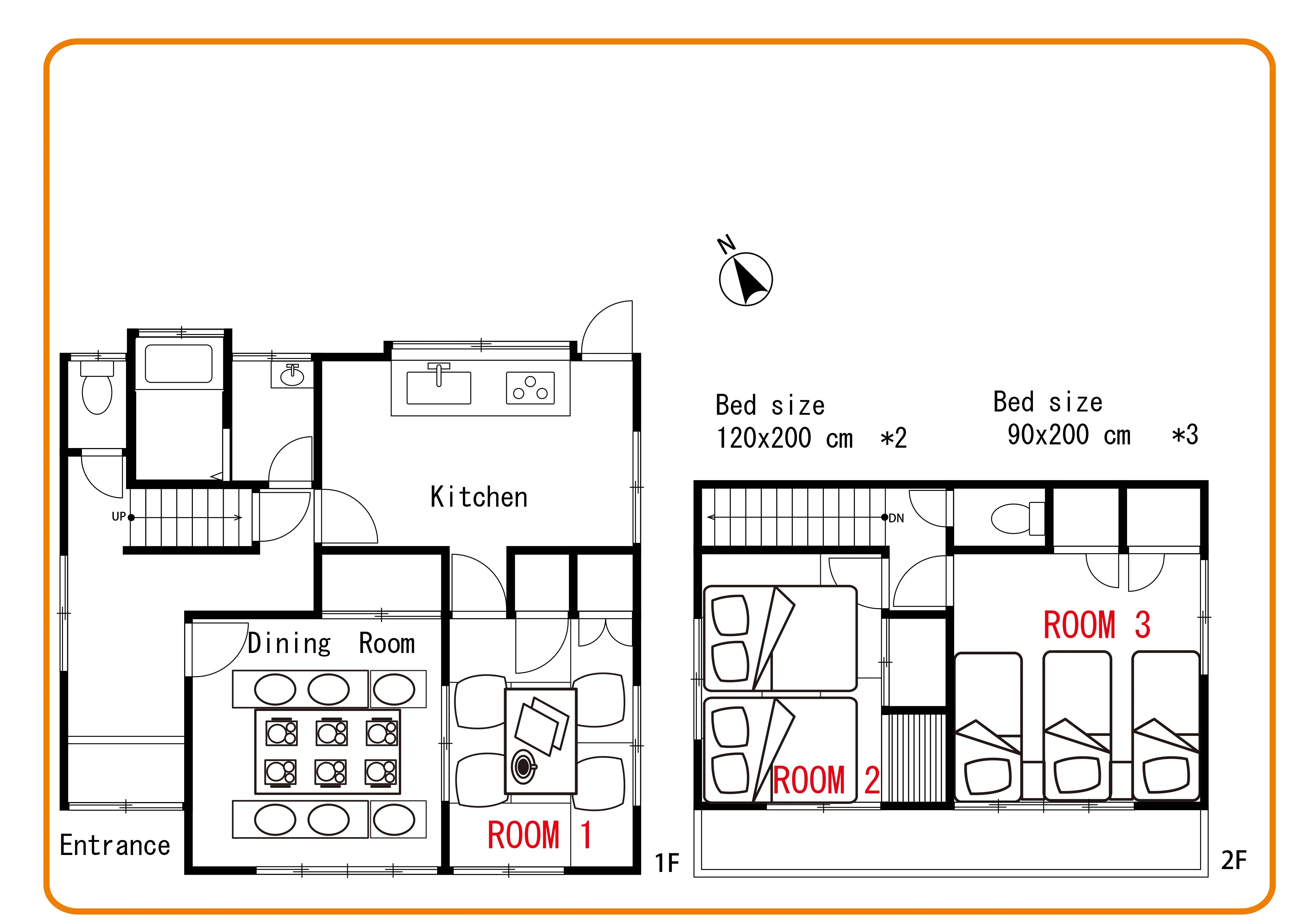 Floor plan showing the rooms and sleeping arrangements on two floors